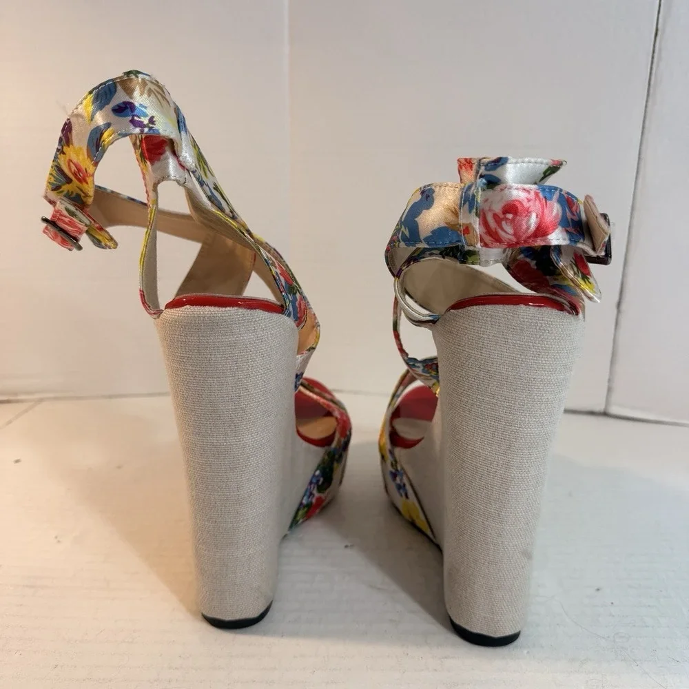 Women's Size 41 Sandals Platform Wedges Floral Print Satin Buckle Straps Ladies